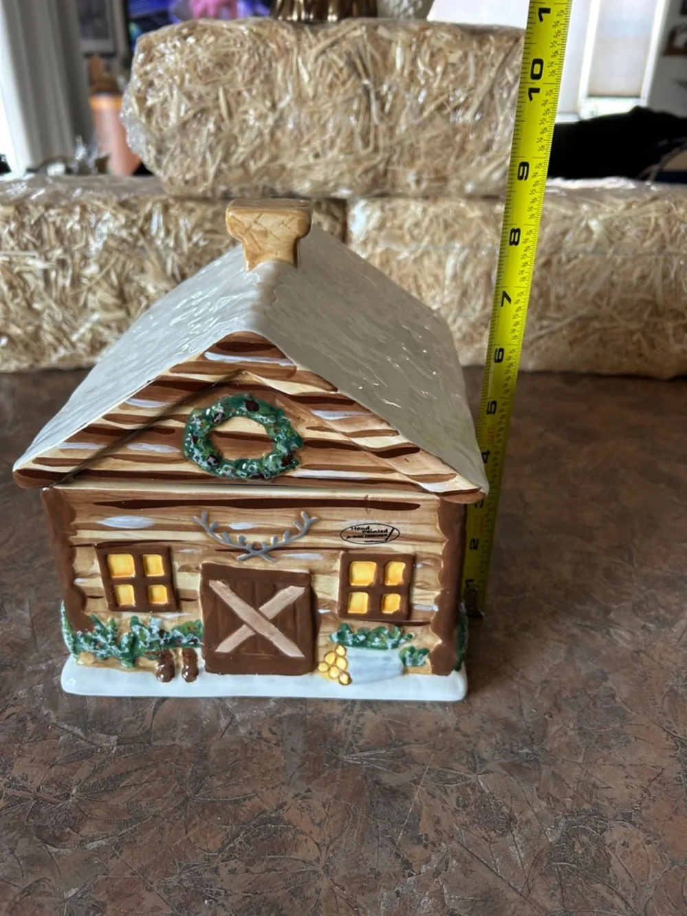 Hand Painted Sweet Log Cabin Home Ceramic Cookie Jar